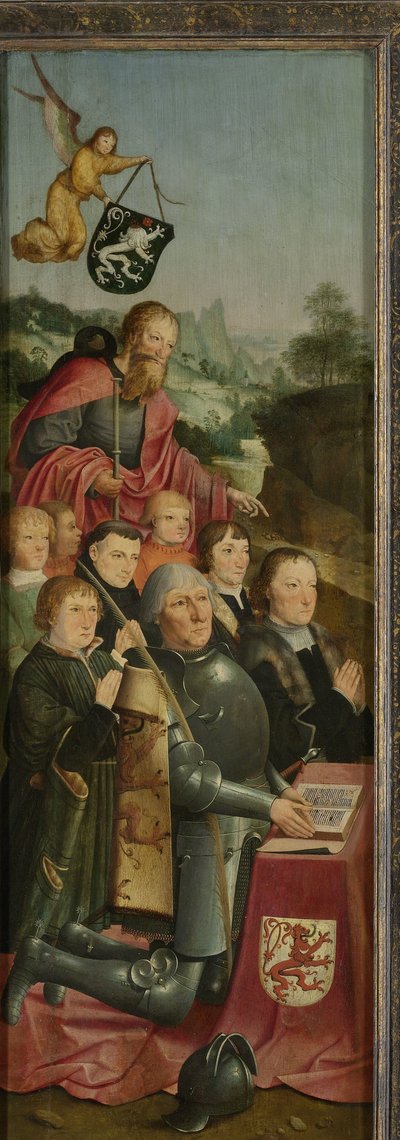 Panneau commémoratif avec huit portraits masculins, probablement Willem Jelysz van Soutelande et sa famille, avec Saint Jacques le Majeur et le blason de la famille Van Soutelande, aile gauche intérieure d