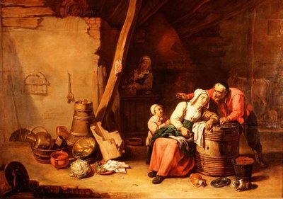 Une grange avec un paysan réveillant une vieille dame - Master of Beguins