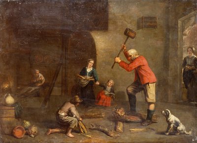 Une cuisine avec un vieil homme coupant du bois - Master of Beguins
