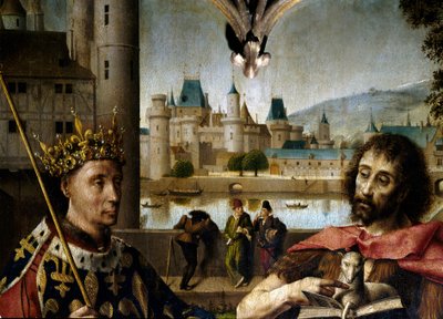 Crucifixion Christ sur la croix entouré de Saint Jean-Baptiste, Saint Denis, Charles Ier le Grand (Charlemagne), Louis IX (Saint Louis), Sainte Madeleine, Sainte Marthe (détail) - Master of Dreux Bude (active c.1425 d.1450)