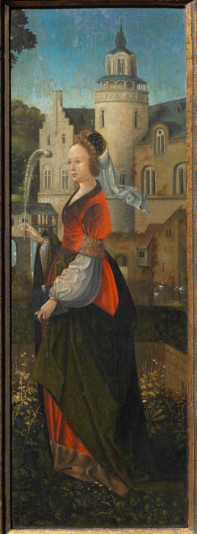 Sainte Barbe. Sainte Famille avec Anges et Saintes Catherine et Barbe Triptyque - Master of Hoogstraeten