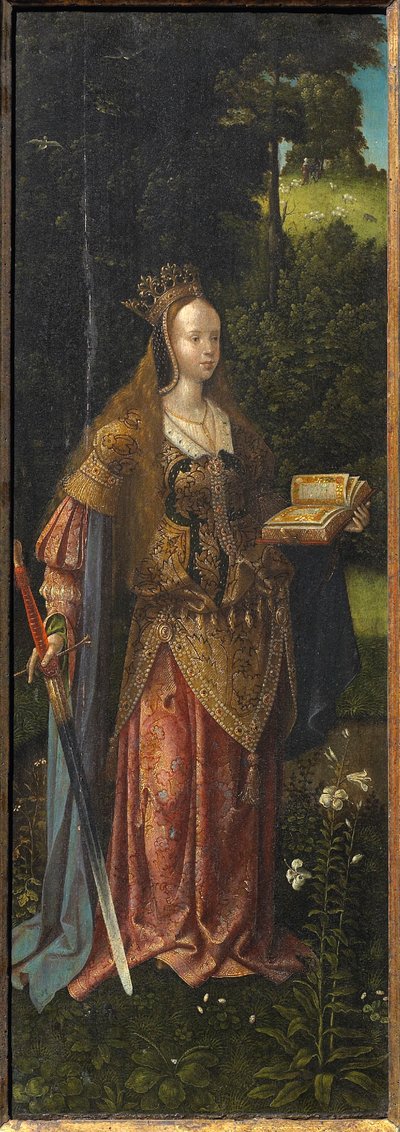 Sainte Catherine. Sainte Famille avec anges et saintes Catherine et Barbara Triptyque, 16ème siècle - Master of Hoogstraeten