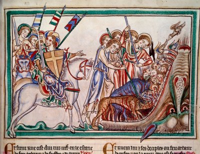 Le Seigneur et son armée précipitant la Bête et ses adorateurs en enfer. Miniature du manuscrit « Apocalypse historiée », Folio 38. 1250. Enluminure du Maître de Sarum. Paris, NL - Master of Sarum