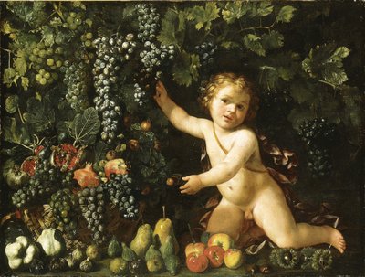 Raisins sur la vigne, grenades, raisins et cynorrhodons dans un panier, avec figues, pommes, poires et châtaignes par un putto - Master of the Acquavella Still Life