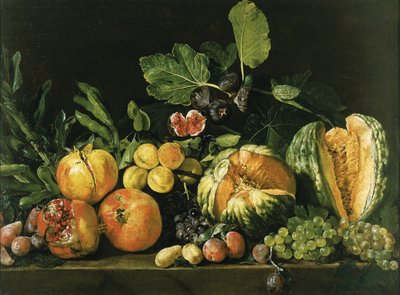 Grenades, melons, raisins, pêches, figues et autres fruits sur un rebord de pierre - Master of the Acquavella Still Life