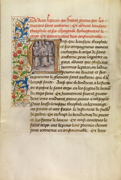 Initiale A : Le corps de saint Antoine transporté à Constantinople et la guérison de deux lépreux après avoir touché le corps du saint - Master of the Brussels Romuléon