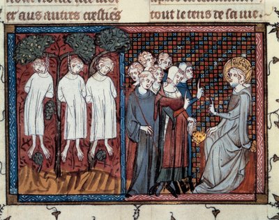 Exécutions ordonnées par Enguerrand IV de Coucy. Louis IX rendant justice. Miniature de Mahiet dans « Vie et miracles de Saint Louis », manuscrit de Guillaume De Saint Pathus - Master of the Cambrai Missal Mahiet