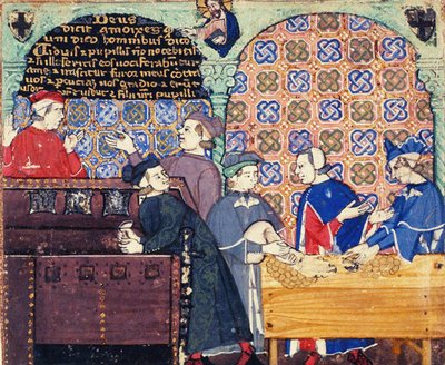 Avarice. Une miniature avec des scènes de banque - Master of the Cocharelli Codex