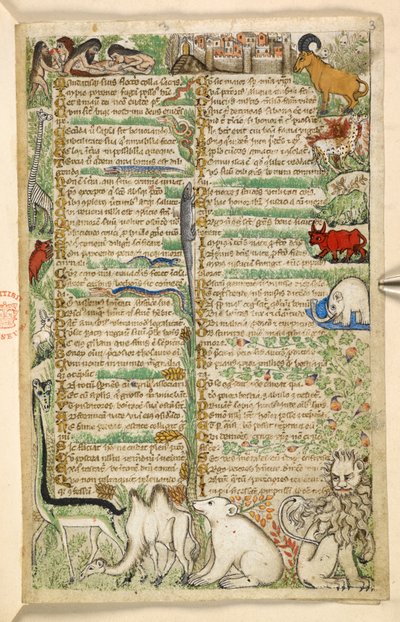 Add. 28841, f.3: Cannibales, une ville fortifiée et des animaux exotiques dont une girafe, un lion, un chameau et un éléphant, d