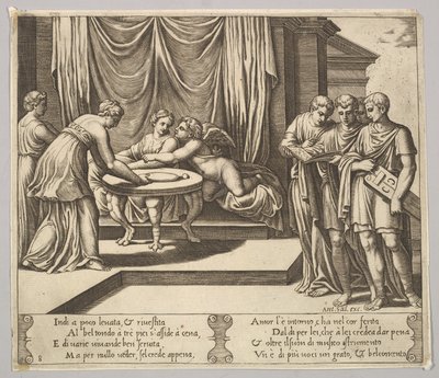 Planche 8 : Psyché assise à une table et servie par des serviteurs invisibles, Éros à côté, 1530-60 - Master of the Die