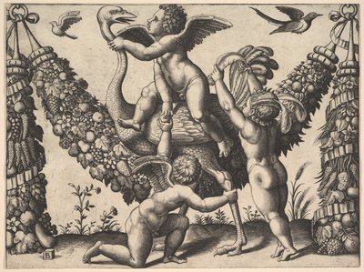 Trois putti devant une grande guirlande, celui du milieu monte une autruche, ca. 1530-40 - Master of the Die