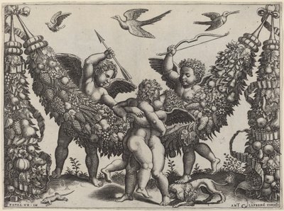 Deux Putti frappant un autre qui serre un enfant - Master of the Die after Raphael
