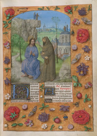 La Tentation du Christ. Temporale ; Carême 1. Le Christ avec le diable, habillé en moine, tenant une pierre. Derrière, les autres tentations ; le Christ et le diable sur un rocher, et sur le dôme du Temple. Texte avec initiale décorée 