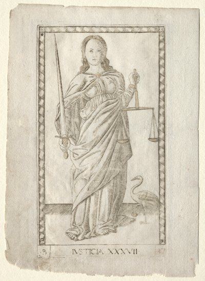 Justice de la série Tarocchi, série B : Principes cosmiques et vertus, #37, avant 1467 - Master of the E Series Tarocchi