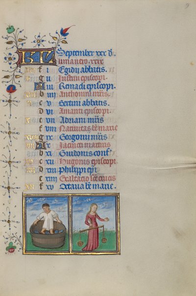 Page du calendrier pour septembre ; Faire du vin ; Balance - Master of the Lee Hours