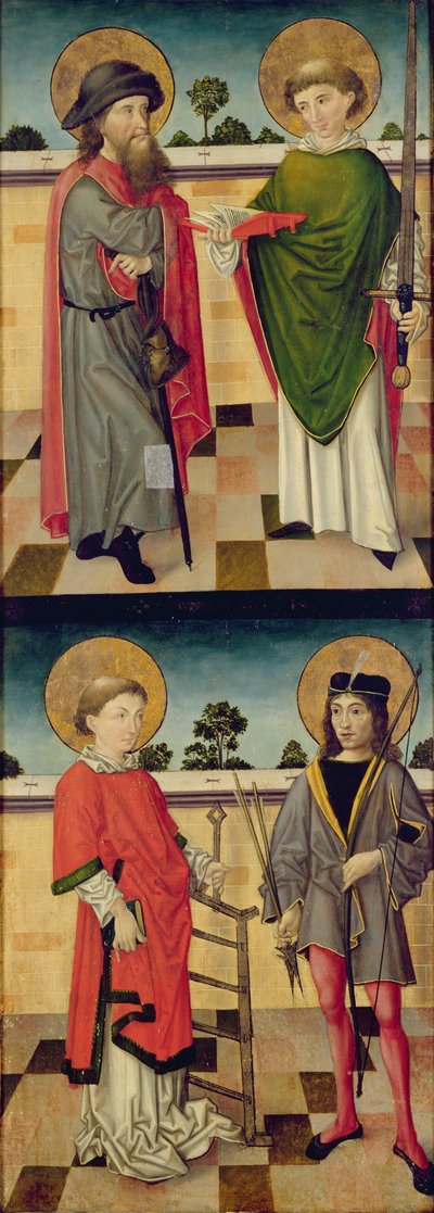 Haut : Saint Jacques en pèlerin et Saint Matthieu tenant un livre et une épée ; Bas : Saint Laurent tenant un gril et Saint Sébastien tenant un arc et une flèche, revers d