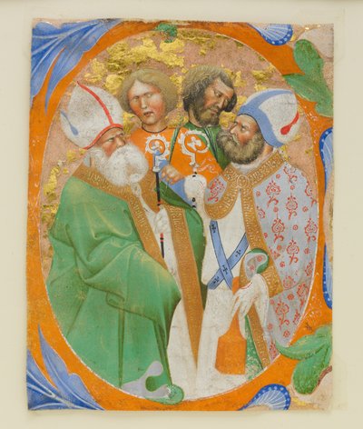 Enluminure de manuscrit avec quatre saints dans une initiale O, d