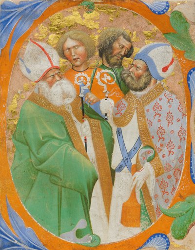 Enluminure de manuscrit avec quatre saints dans une initiale O, d