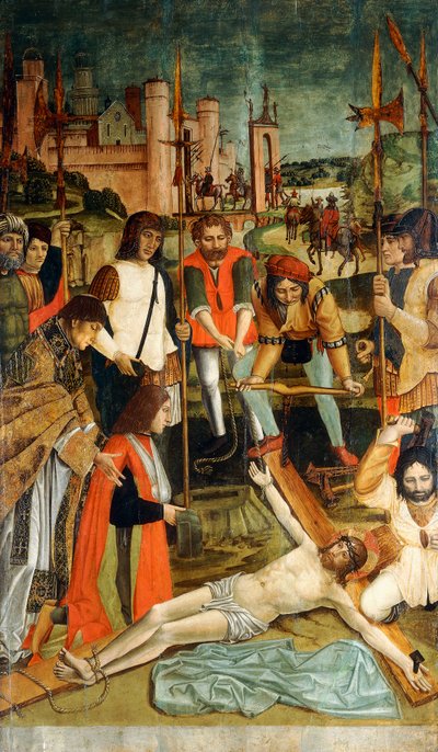 Christ cloué sur la croix avec un donateur avec son bras en écharpe présenté par un prêtre - Master of the Pavia Deposition