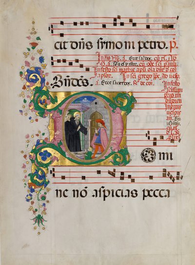 Feuille de manuscrit avec Saint Benoît ressuscitant un garçon dans une initiale D, d