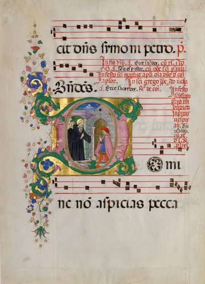 Feuille de manuscrit avec Saint Benoît ressuscitant un garçon dans une initiale D..., seconde moitié du 15ème siècle - Master of the Riccardiana Lactantius