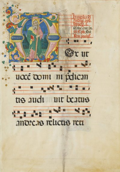 Feuille de manuscrit avec la fête de Saint André dans une initiale M..., seconde moitié du 15e siècle - Master of the Riccardiana Lactantius