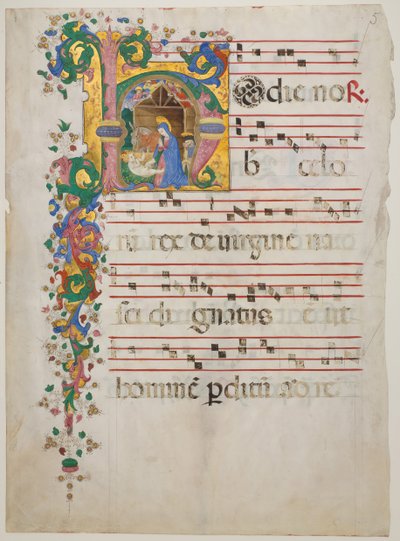Feuille de manuscrit avec la Nativité dans une initiale H, d