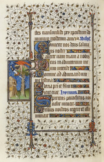 Ms 62 f.132v Figure ailée dans un arbre avec un livre transpercé par une épée, des 