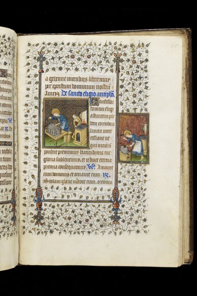 Ms 62 f.215r St. Éloi fabriquant un sanctuaire; St. Éloi à une enclume, d