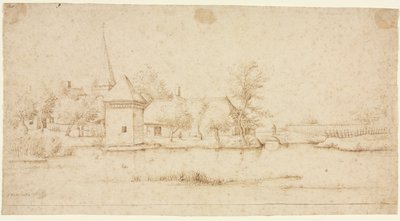 Paysage avec un village entouré de douves - Master of the Small Landscapes