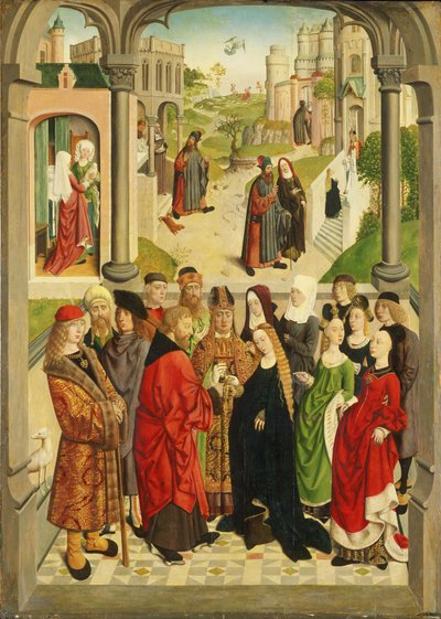 Néerlandais : Le mariage de Marie. En arrière-plan (de gauche à droite), la naissance de Marie, Joachim chassé du temple, l