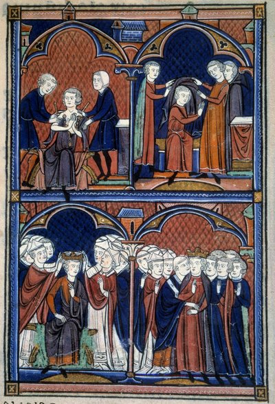 Ordre de la consécration et du couronnement des rois de France: Le roi de la tunique, le manteau et la couronne sur laquelle tous les pairs posent leurs mains; l