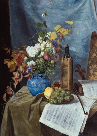 Arrangement avec bouteille de vin, fleurs et fruits - Mathilde Dietrichson