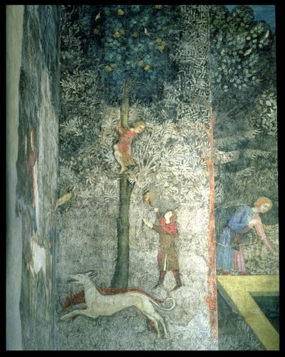 Chiens de chasse et hommes grimpant à un arbre (détail du schéma décoratif de La Chambre du Cerf) - Matteo Giovanetti