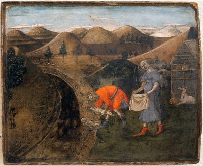 Légende de Romulus et Remus : Romulus et Remus recueillis par le berger Faustulus. Peinture par Matteo di Giovanni (1430-1495), détrempe sur bois, 29,5 x 35 cm. Art italien du XVe siècle. Musée des Beaux-Arts de Libourne - Matteo di Giovanni di Bartolo