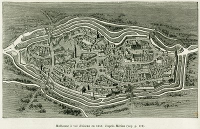 Mulhouse en 1642. Gravure de Matthaus Merian (1593-1650) pour illustrer le récit À travers l