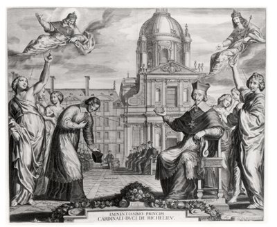 Robert de Sorbon (1201-94) et le cardinal Richelieu (1575-1642) devant la Sorbonne, gravé par Grégoire Huret (1606-70) 1639 - Matthaus the Elder Merian