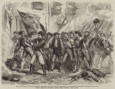 La révolution en Sicile, des prisonniers libérés conduisant leur geôlier dans les rues de Palerme avant de le fusiller - Matthew Somerville Morgan
