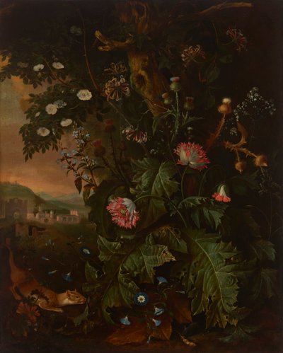 Un sol forestier avec une belette, une souris, un pavot à opium et un chardon, avec des bâtiments classiques au-delà. - Matthias Withoos