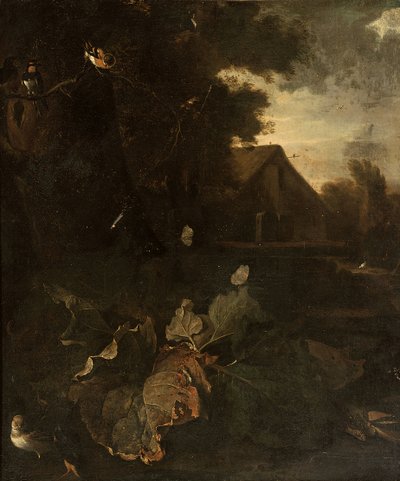 Nature morte au sol forestier avec un pinson, une hirondelle, d