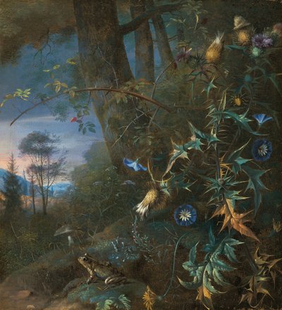 Nature morte au sol forestier avec une grenouille et un champignon, montagnes au-delà - Matthias Withoos
