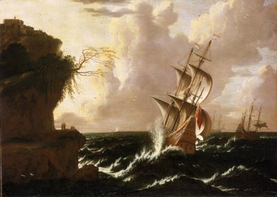 Un navire néerlandais dans la tempête, devant une falaise, surmontée de bâtiments fortifiés - Matthieu van (c.1608 60) Plattenberg