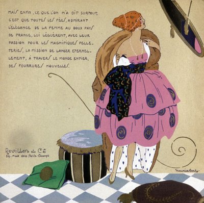 Femme devant son miroir, publicité pour les fourrures Revillon, c. 1920-1930 (illustration) - Maurice Berty