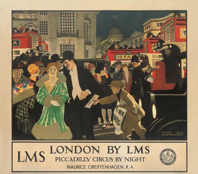 Londres par LMS, Piccadilly Circus de nuit - Maurice Greiffenhagen