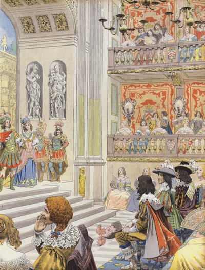 Représentation au théâtre du Palais Cardinal de Mirame, la pièce écrite par Richelieu et Desmarets - Maurice Leloir