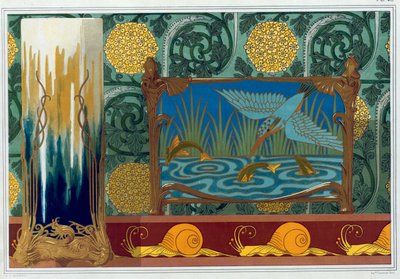 Designs for Bronze Vase Support, Wallpaper and border, and Enamel and Bronze Jardiniere, pub. 1897 - Maurice Pillard Verneuil
