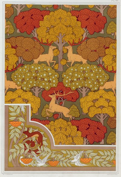 Dessins pour papier peint et bordure de papier peint Cerfs dans les arbres, pub. 1897 - Maurice Pillard Verneuil