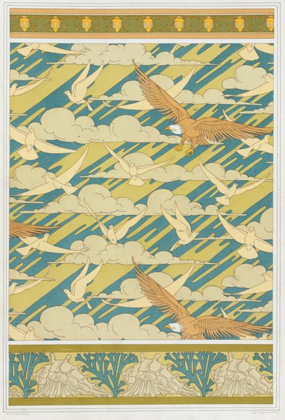 Conceptions pour bordure de papier peint "Punaise de courge", Papier peint avec aigles et pigeons; et bordure de papier peint avec coquillages et algues, de 