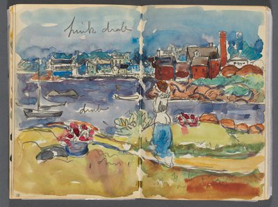 Sketchbook- The Granite Shore Hotel, Rockport, page 084  85 : Vue du port avec des annotations en couleur - Maurice Prendergast