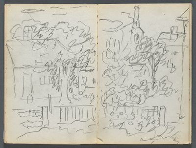 Carnet de croquis, The Dells, N° 127, page 084  85 : Paysage avec maisons et flèche - Maurice Prendergast